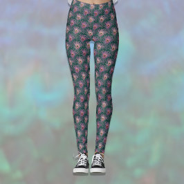 Legging Penas de Pavão Rosa em Padrão Bonito sobre Verde E
