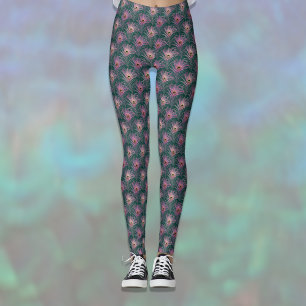 Legging Penas de Pavão Rosa em Padrão Bonito sobre Verde E