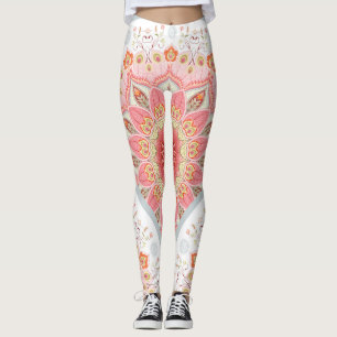 Legging Penas de Peacock, Ornamento Floral Redondo.