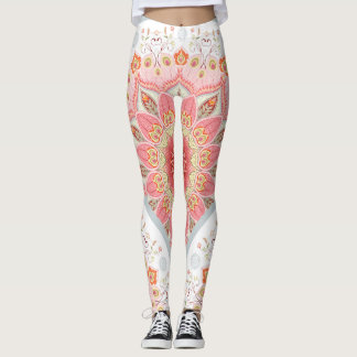 Legging Penas de Peacock, Ornamento Floral Redondo.
