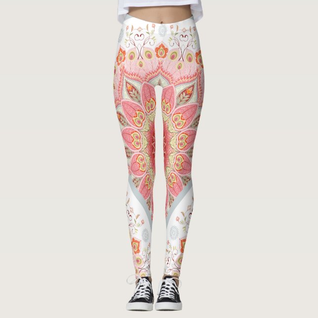 Legging Penas de Peacock, Ornamento Floral Redondo. (Frente)