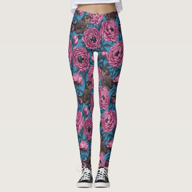 Legging Peônias e chaves à mão azul (Frente)