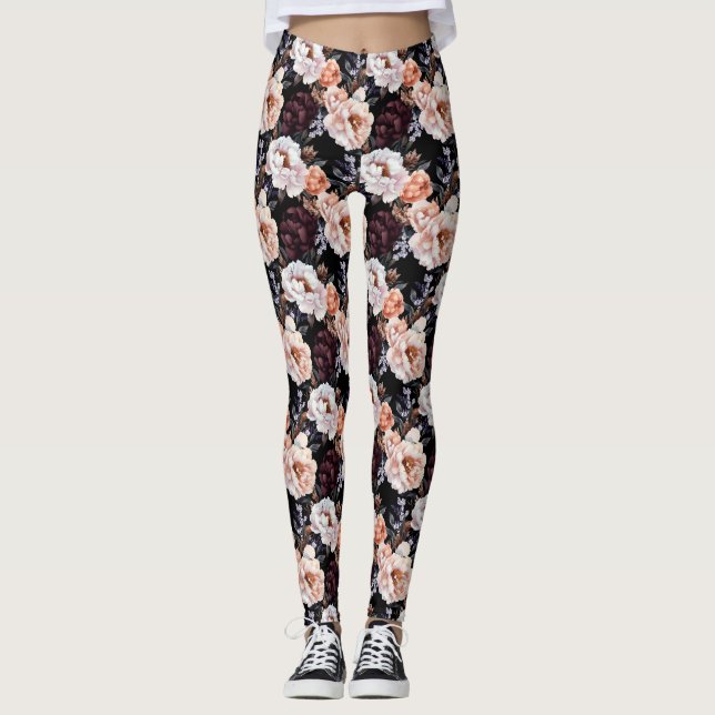 Legging Pêonias Escuras Padrão Floral (Frente)