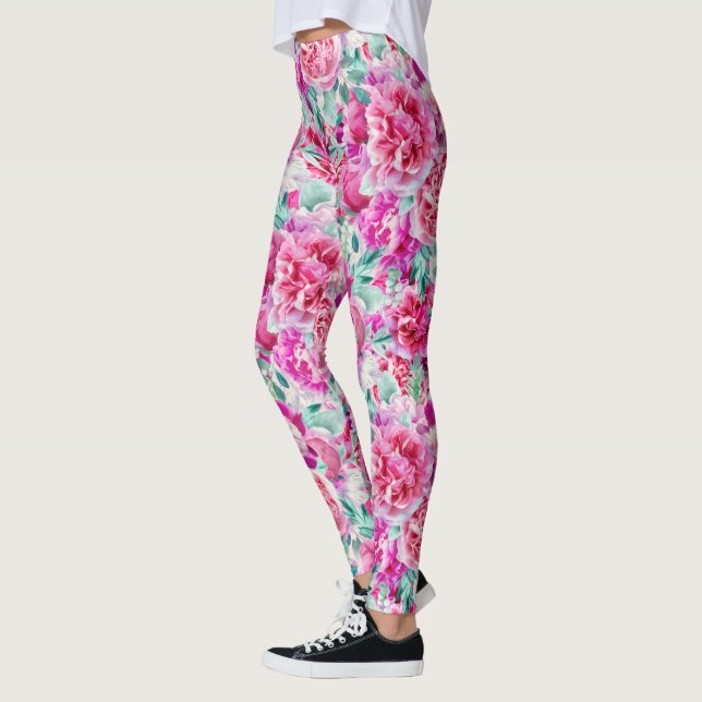 Legging Pêonias Rosa Extremas E Folhas De Teto Verde (Esquerda)