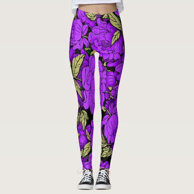 Legging Peônias Roxas com Folhas de Ouro (Frente)