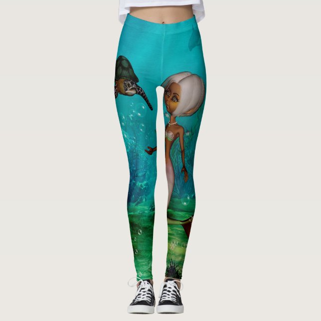 Legging Pequena e bonita sereia com tartaruga (Frente)