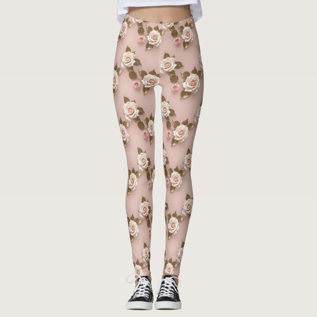 Legging Pequenas Rosas em Tons de Marfim e Dourado (Frente)