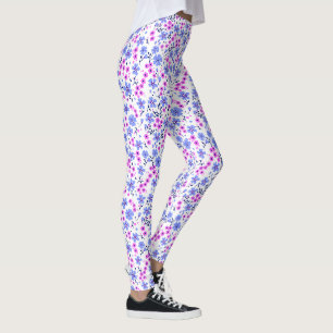 Legging Pequeno padrão floral branco azul rosa fofo
