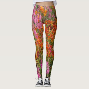 Legging Perna das Flores de Verão Laranja e Rosa