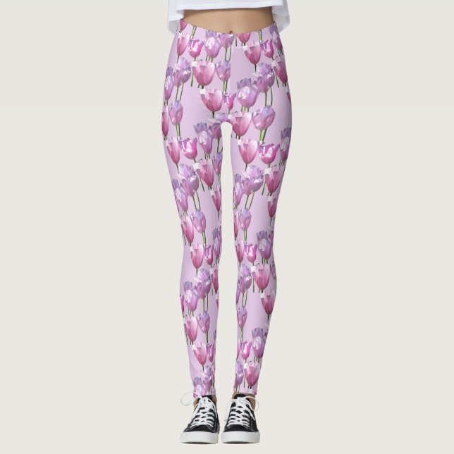 Legging Perna do Padrão das Tulipas Rosa Sunny (Frente)