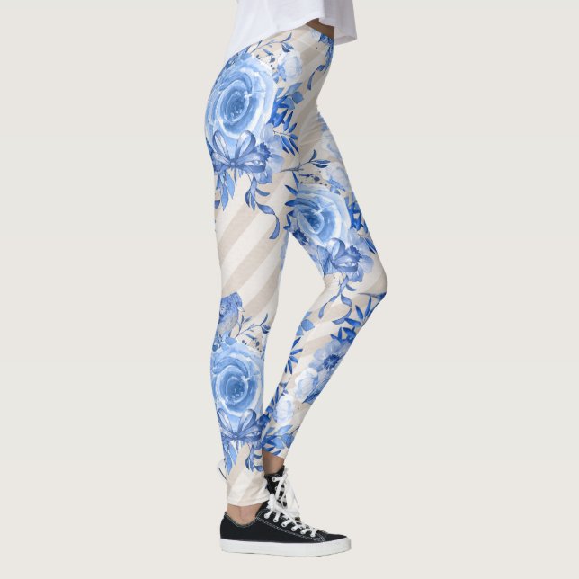 Legging Perna Floral para Mulheres Flores design azuis (Direita)
