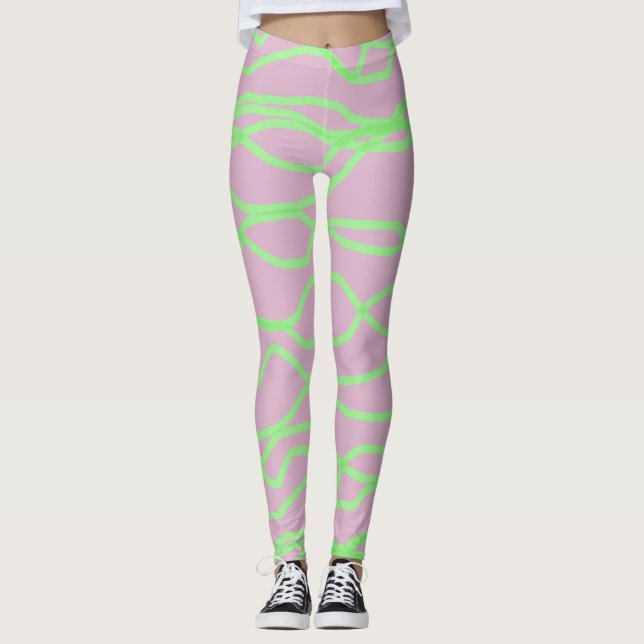 Legging Pernas Abstrato de cor rosa e Verde limão pretas (Frente)