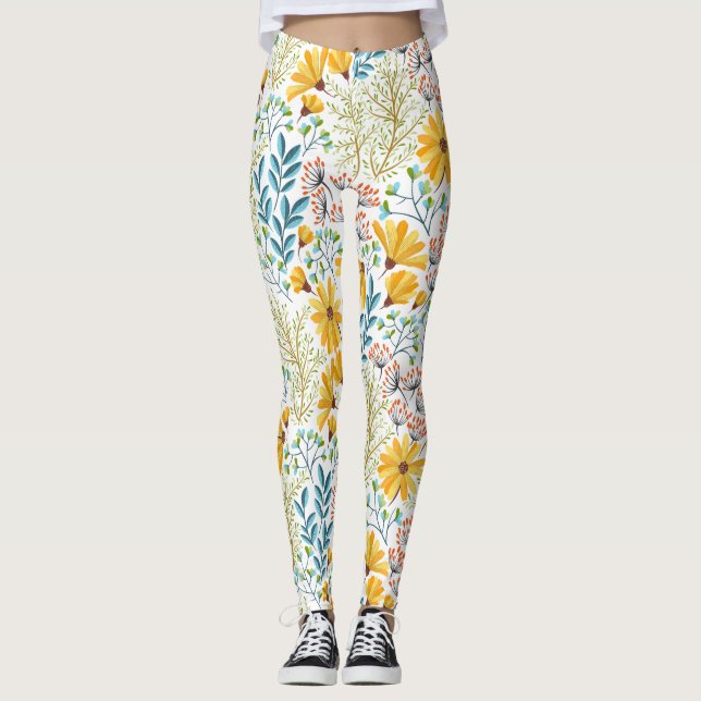Legging Pernas das Flores Amarelas, Teais e Rosa (Frente)