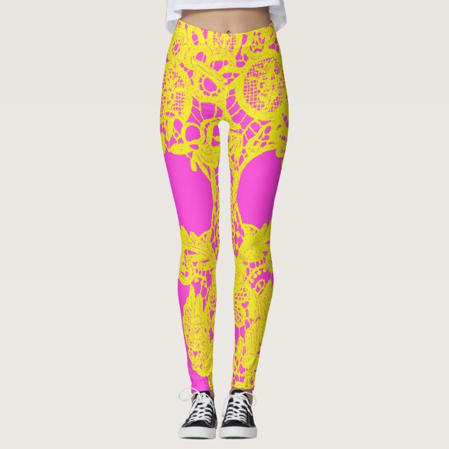 Legging Pernas de crochê amarelas-rosa (Frente)