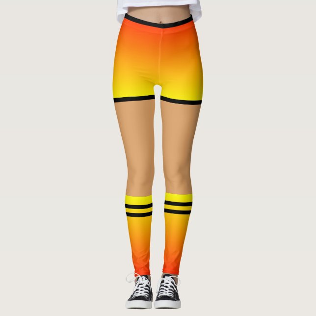 Legging Pernas de Curto Amarelo Laranja Meias Faixa Preta (Frente)