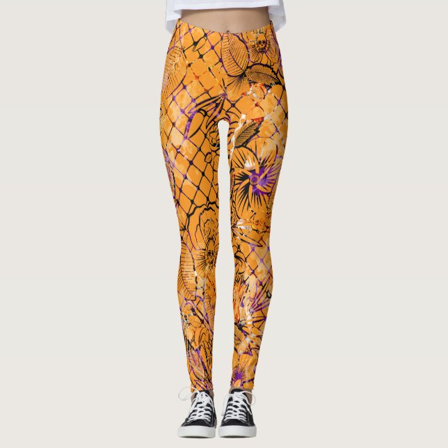 Legging Pernas de Dia das Bruxas de Padrão Laranja (Frente)
