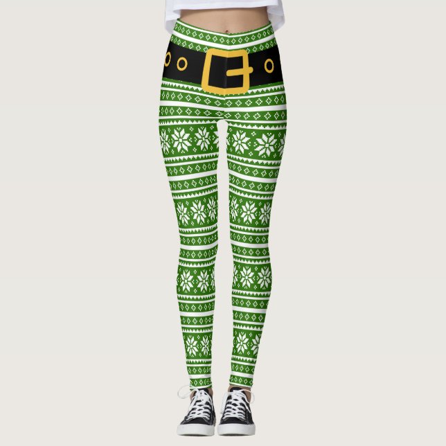 Legging Pernas de elfo de Natal feias - padrão nórdico ver (Frente)