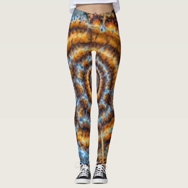 Legging Pernas de espiral fractais, azuis e douradas (Frente)