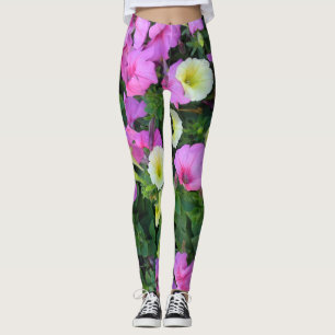Legging Pernas de flores da petúnia rosa e amarela