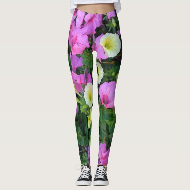 Legging Pernas de flores da petúnia rosa e amarela (Frente)