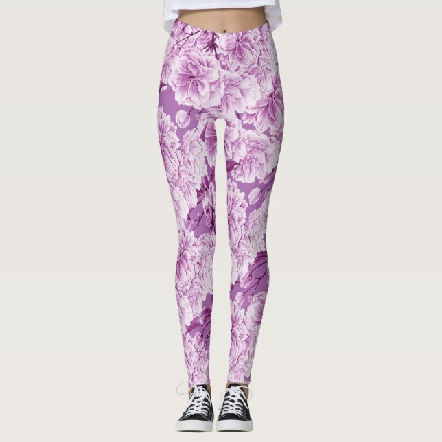 Legging Pernas de flores duplas de flores roxas (Frente)