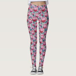 Legging Pernas De Folha Verde De Protea Rosa, Totalmente I