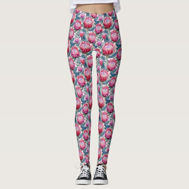 Legging Pernas De Folha Verde De Protea Rosa, Totalmente I (Frente)