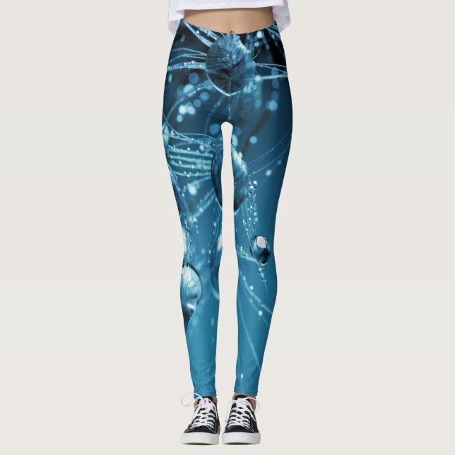 Legging Pernas de Gotas de Água Reflexa Fractais Azuis (Frente)