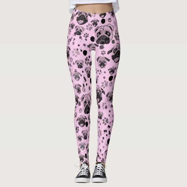 Legging Pernas de Impressão de Pug Rosa (Frente)