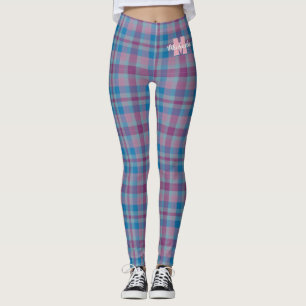 Legging Pernas de monograma xadrez azul e roxa