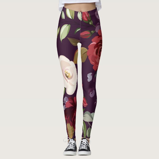 Legging Pernas de mulheres Rosas roxas Douradas geométrica (Frente)