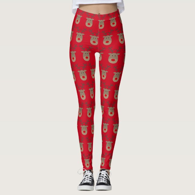 Legging Pernas de Natal vermelhas e engraçadas com renas b (Frente)
