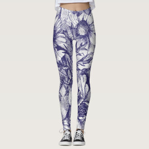 Legging Pernas de padrão de flores do estilo de esboço azu