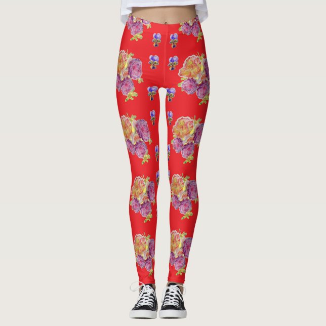 Legging Pernas de padrões florais Rosa Chique Rosas (Frente)