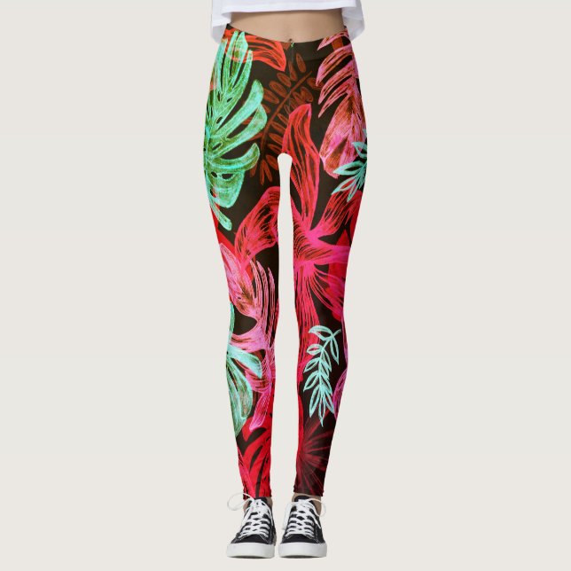 Legging Pernas de palmeiras tropicais fluorescentes (Frente)