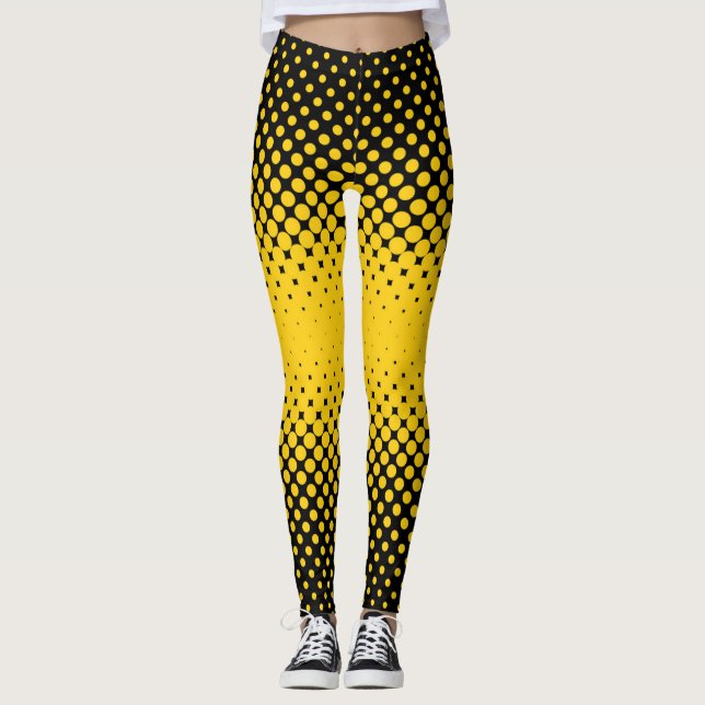 Legging Pernas de pontos de meio-tom pretas e amarelas (Frente)