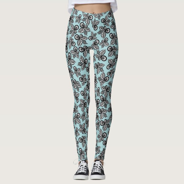 Legging Pernas de Verão com Flores Pretas e Brancas (Frente)