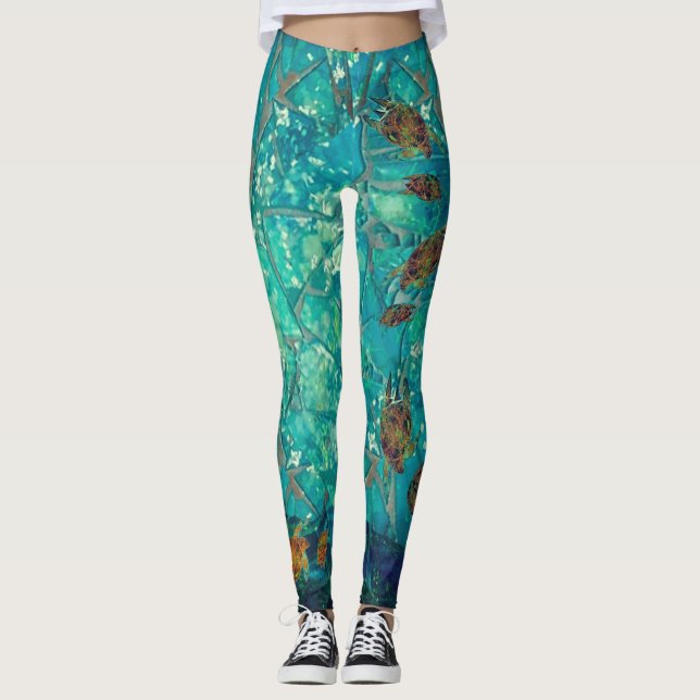 Legging Pernas do Mar Mosaico nadando com tartarugas (Frente)