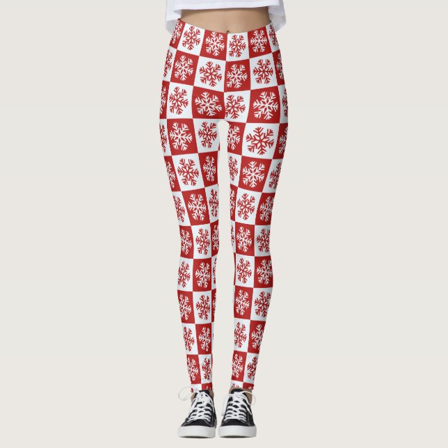 Legging Pernas em flocos de neve do quadro branco-vermelho (Frente)