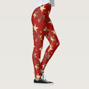 Legging Pernas Festivas Douradas Estrelas de Natal Vermelh