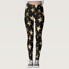Legging Pernas Festivas Estrelas Douradas de Natal Pretas