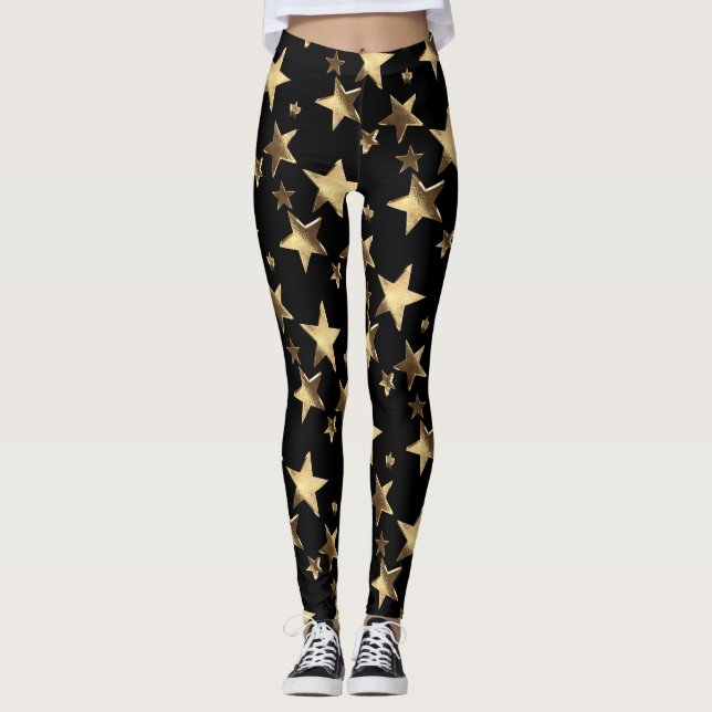 Legging Pernas Festivas Estrelas Douradas de Natal Pretas (Frente)