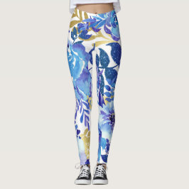 Legging Pernas Florais Azuis e Douradas