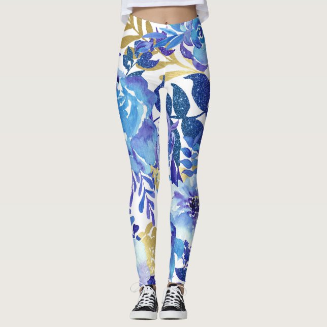 Legging Pernas Florais Azuis e Douradas (Frente)