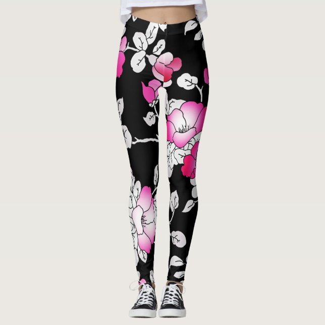 Legging Pernas Florais Brancas Brancas Elegantes Fuchsia (Frente)