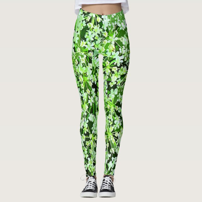 Legging Pernas Florais das Flores do Jardim Verde e Branco (Frente)