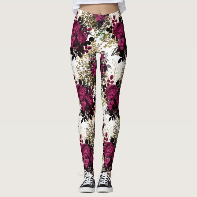Legging Pernas Florais de Mulheres da Fúchsia Rosa (Frente)