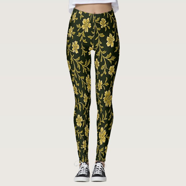 Legging Pernas Florais Pretas e Ouros (Frente)