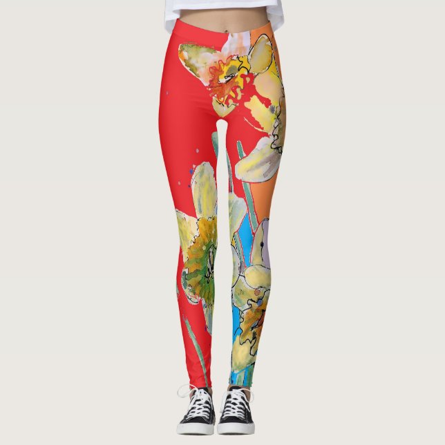 Legging Pernas Florais Vermelhas de Flor Vermelho, Daffodi (Frente)