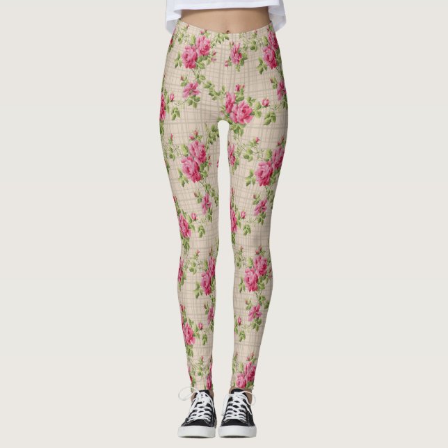 Legging Pernas pintadas à mão de rosas rosa (Frente)